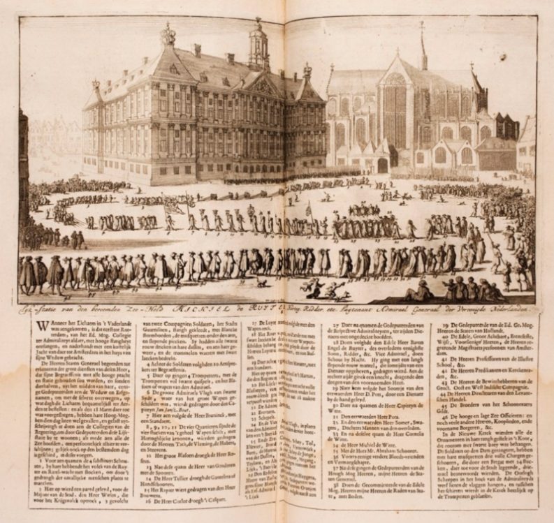 De lijkstaatsie op de Dam in Amsterdam. Lambert van den Bos en Lieuwe van Aitzema: Historien onses tyds, 1685-1699.