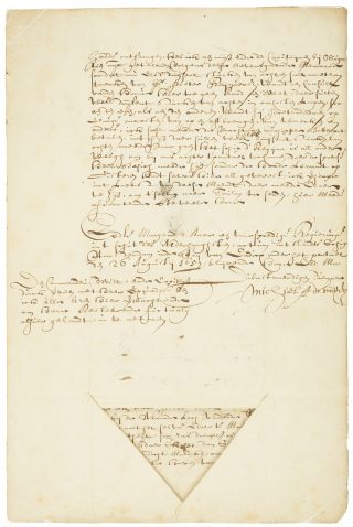 Brief met handtekening van Michiel de Ruyter. 1657. Te zien in de tentoonstelling Drijfveer in Het Scheepvaartmuseum.