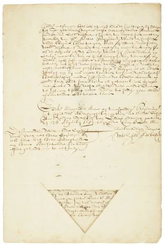 Brief met handtekening van Michiel de Ruyter. 1657. Te zien in de tentoonstelling Drijfveer in Het Scheepvaartmuseum.