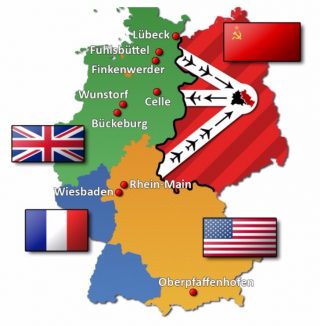 De bezettingszones in Duitsland 1945-1949 en de corridors (wiki)