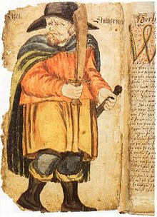 De viking Egill Skallagrímsson, afgebeeld in een manuscript van Egil’s Saga in de 17e eeuw, stuitte in ons land.op sloten en bruggen die konden worden weggetrokken. 