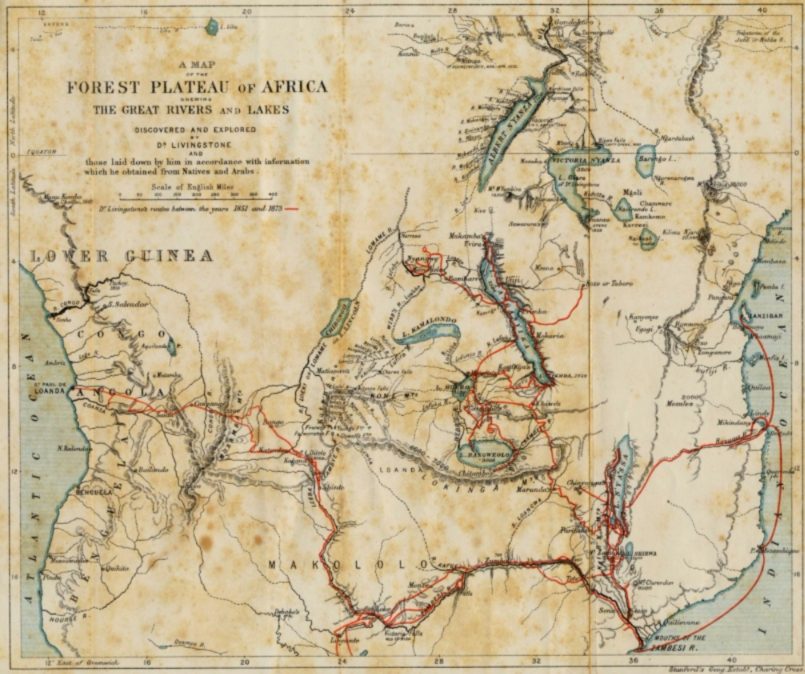 Kaart van de reizen van Livingstone in Afrika tussen 1851 en 1873