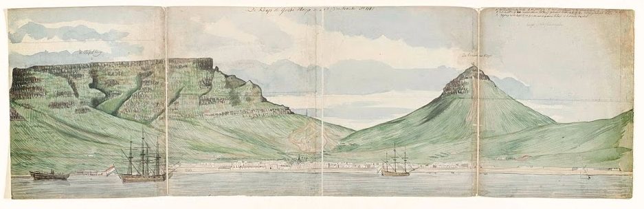 Jan Brandes, De Tafelberg en Kaapstad gezien vanaf de zee, 1787. Rijksmuseum, Amsterdam