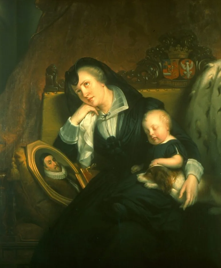 Louise de Coligny, treurend over de dood van haar man, prins Willem van Oranje, met haar zoontje Frederik Hendrik (Paleis Het Loo - Collectie Gelderland)