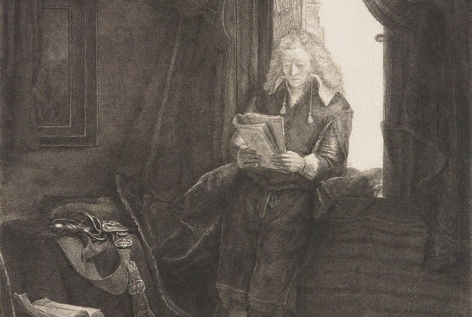 Detail van de ets van Jan Six - Rembrandt van Rijn