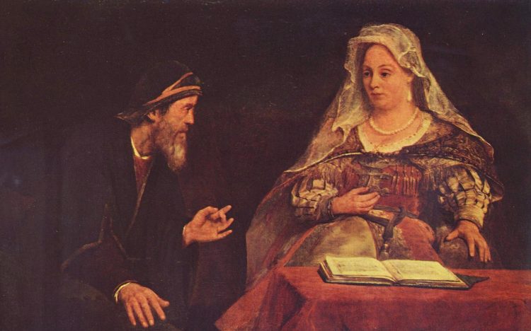 Mordechai, links afgebeeld op een schilderij van Aert de Gelder.