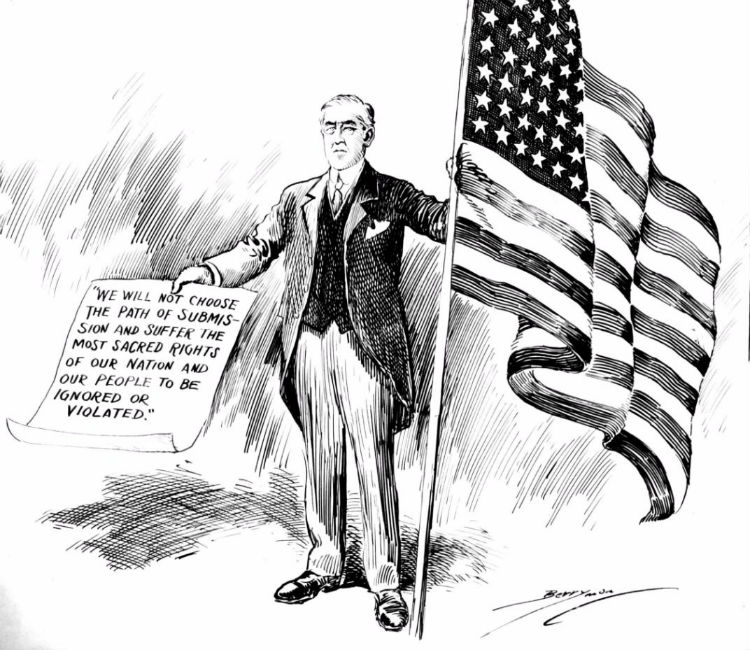Woodrow Wilson op een politieke cartoon (Washington Evening Star 3 april 1917)
