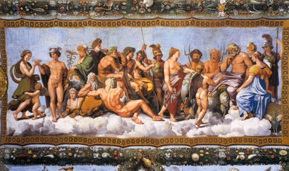 Raad van de goden, geschilderd door Raffaello Sanzio tussen 1517-1518 – Villa Farnesina Rome