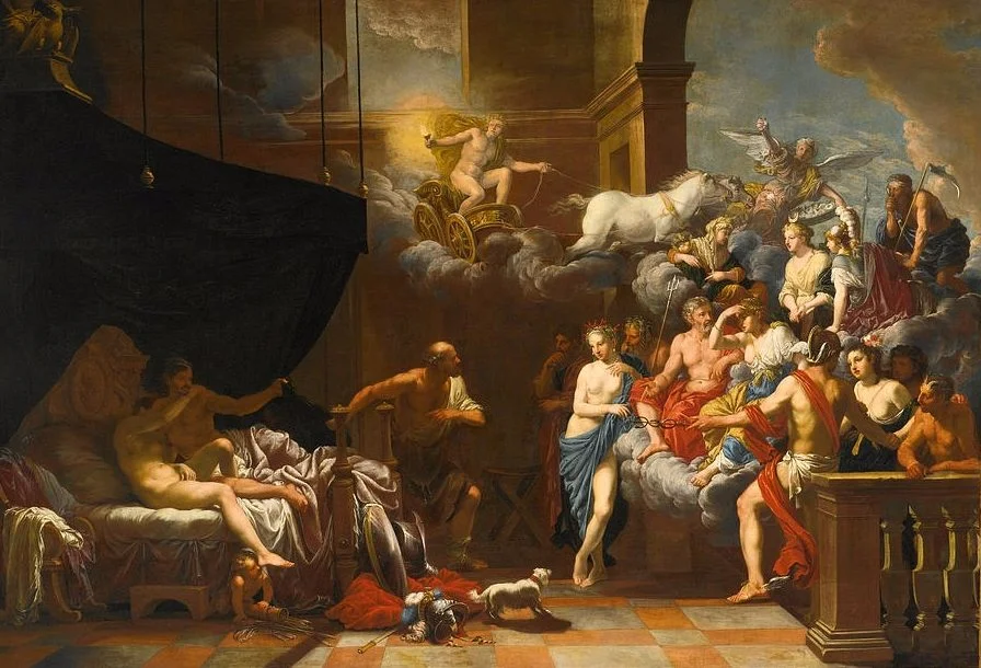 Hephaestus verrast Ares en Aphrodite in bed in het bijzijn van de andere goden, geschilderd door Johann Heiss in 1679