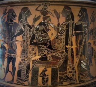 Een zwartfigurige Attische exaleiptron (drievoet) waarop de geboorte van Athena is afgebeeld, toegekend aan de ‘C Schilder’, datering circa 570–560 voor Christus – Louvre Parijs