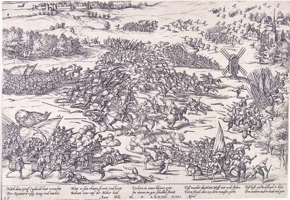 Een prent van de Slag op de Mookerheide door Frans Hogenberg.