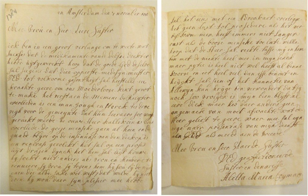 Brief van Aletta Maria aan haar zus Elisabeth, geschreven op 7 november 1710. Het Utrechts Archief, Archief Familie Van der Muelen, inventarisnummer 82.