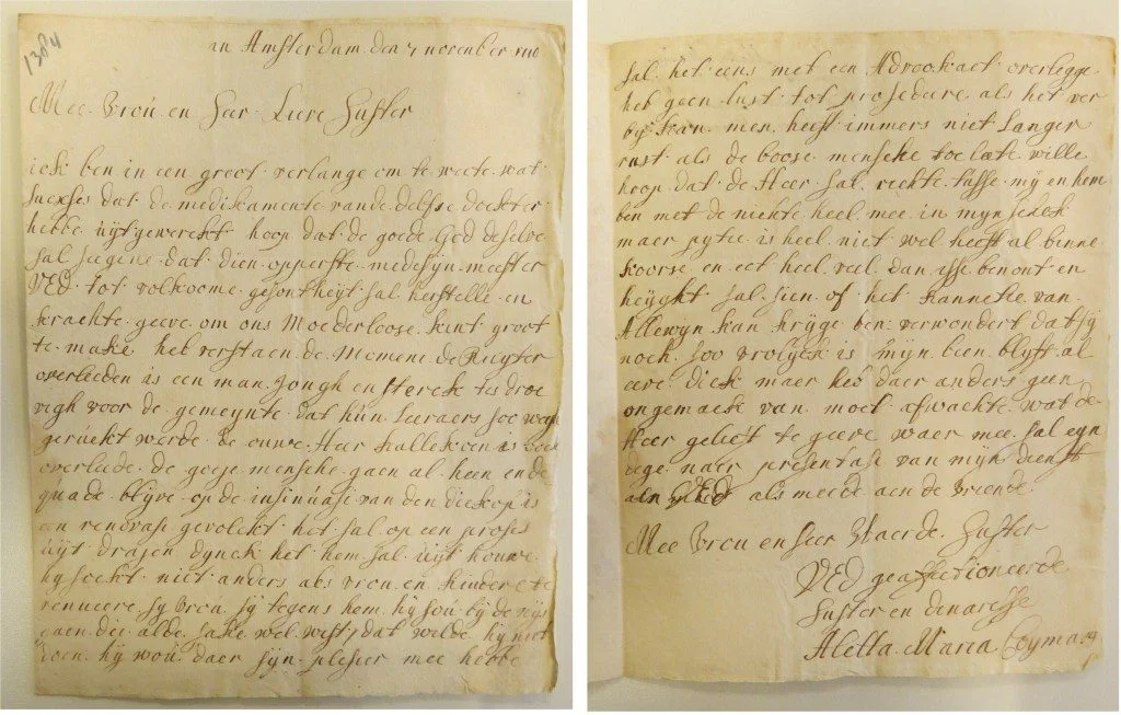 Brief van Aletta Maria aan haar zus Elisabeth, geschreven op 7 november 1710. Het Utrechts Archief, Archief Familie Van der Muelen, inventarisnummer 82.