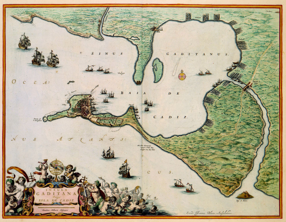 Deze kaart van de Baai van Cadiz werd door Joan Blaeu (1598-1673) opgenomen in zijn Atlas Maior uit 1662