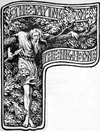 De god Odin hangt in de boom om zichzelf te offeren aan zichzelf , zoals beschreven in Hávamál. 