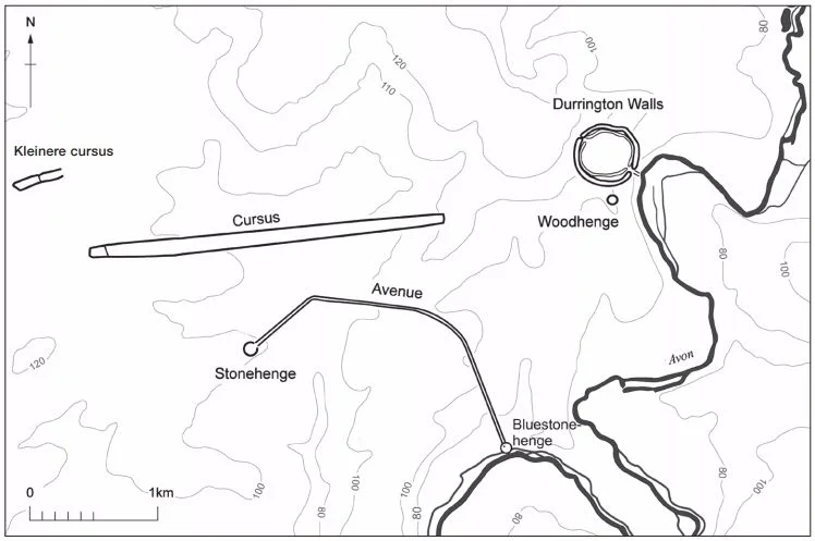 Plattegrond van Stonehenge en omgeving. Stonehenge stond niet op zichzelf maar lag in een sacraal landschap vol prehistorische grafheuvels en bouwwerken. De werklieden van Stonehenge logeerden vermoedelijk binnen Durrington Walls, rechtsboven op de kaart.