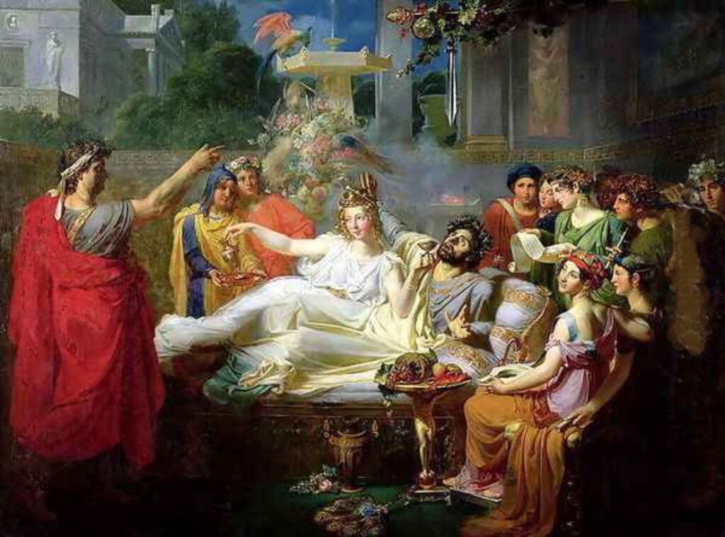 Damocles ziet het zwaard boven zijn hoofd hangen. Schilderij van Félix Auvray.