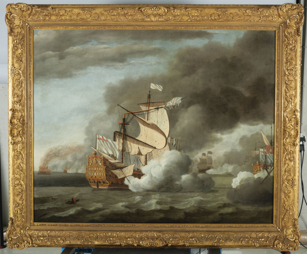 Het wegslepen van de Royal James tijdens de Vierdaagse Zeeslag van de Tweede Engelse Oorlog. Willem Van de Velde. 1670. (Collectie Het Scheepvaartmuseum)
