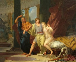 Socrates haalt zijn vriend Alcibiades weg bij een vrouw (Jean-Baptiste Regnault, 1791)