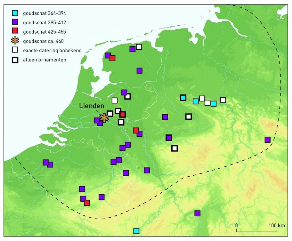 Verspreidingskaart Laat-Romeinse goudschatten in Nederland en omgeving en hun datering. (VU)