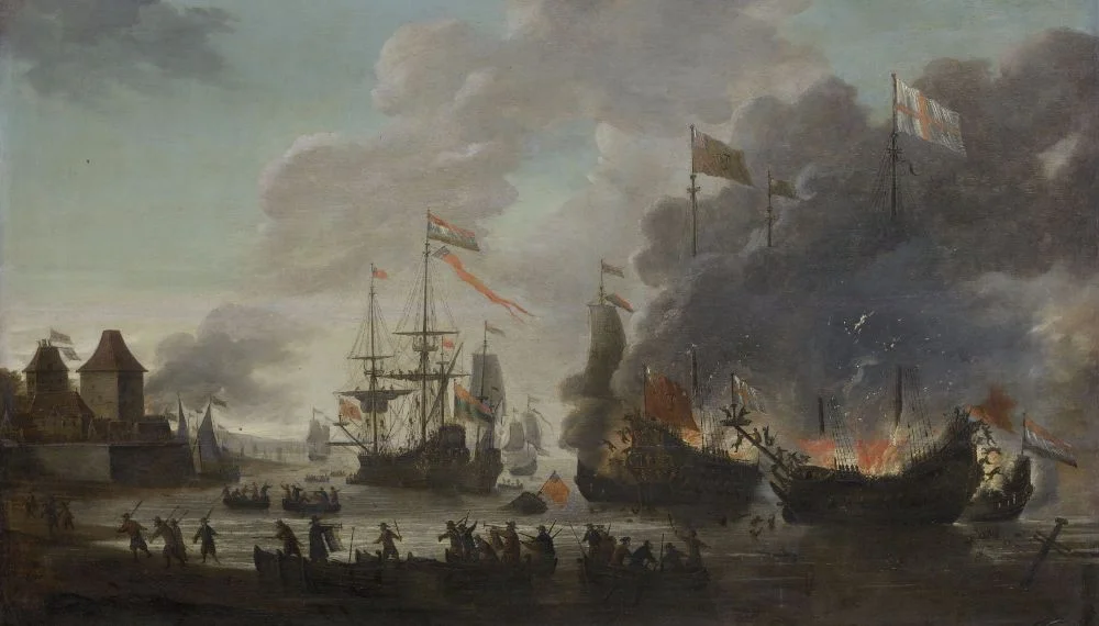 Jan van Leijden, De Hollanders steken Engelse schepen in brand tijdens de Tocht naar Chatham, 20 juni 1667. Olieverf op paneel, 1667-1669; 93 x 156,5 cm. Rijksmuseum Amsterdam