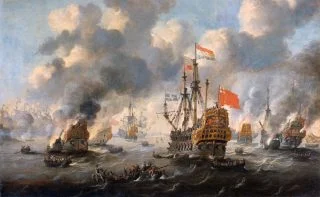 Een van de kernmomenten van de Engels-Nederlandse oorlogen - De tocht naar Chatham - Het verbranden van de Engelse vloot voor Chatham, door Peter van de Velde.
