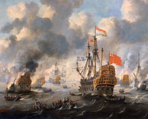 Een van de kernmomenten van de Engels-Nederlandse oorlogen - De tocht naar Chatham - Het verbranden van de Engelse vloot voor Chatham, door Peter van de Velde.