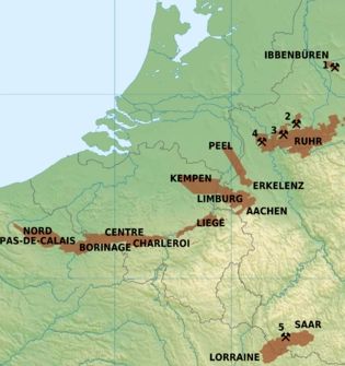 De steenkoolgebieden in België, Nederland en Duitsland  in het bruin  Bron: Hans Erren, CC Wikimedia Commons