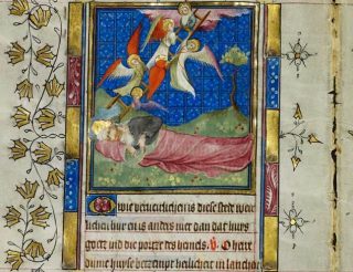 De Jacobsladder. Aartsvader Jacob droomt van een ladder naar de hemel (detail uit het Gebedenboek van Maria van Gelre).
