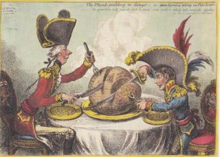 Napoleon en de Britse eerste minister Pitt verdelen de wereld, in de vorm van een plumpudding, onder elkaar in de Vrede van Amiëns (1802). (Prent James Gillray)