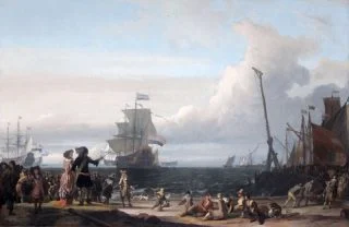 Nederlandse schepen op de rede van Texel. Centraal het vlaggenschip van Cornelis Tromp, de 'Gouden Leeuw'. (Ludolf Bakhuysen, 1671)