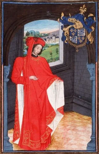 Afbeelding van hertog Karel van Orléans (1394-1465), zoals afgebeeld in de Statuts, Ordonnances et Armorial de l'Ordre de la Toison d'Or uit 1473. (Bron : Wikipedia)