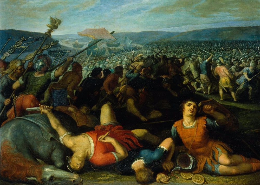 Kunstwerk van een veldslag waarin de Bataven de Romeinen verslaan van Otto van Veen