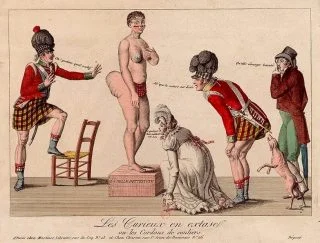 Negentiende-eeuwse illustratie waarop te zien is hoe Europeanen zich vergapen aan Saartjie Baartman
