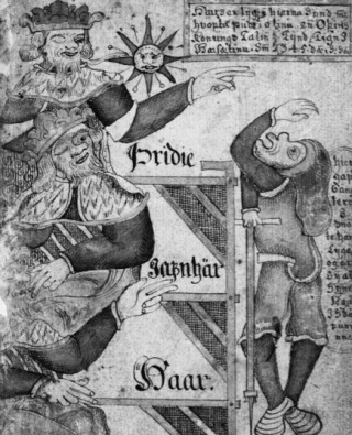 Ontmoeting van koning Gylfi met Hár, Jafnhár en Thridi. Achttiende-eeuws handschrift uit IJsland