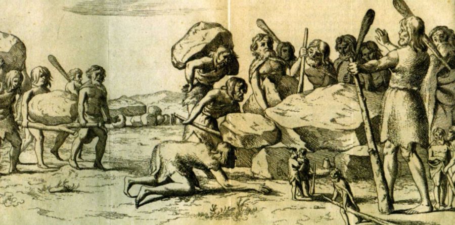 Reuzen bouwen de hunebedden; Ets van Gerrit van Goedesbergh in een boek van Picardt, 1660