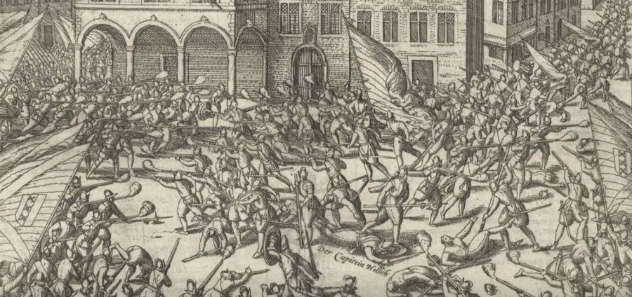 Schermutselingen op de Dam tijdens de Aanslag op Amsterdam van 1577 (Franz Hogenberg - Rijksmuseum)