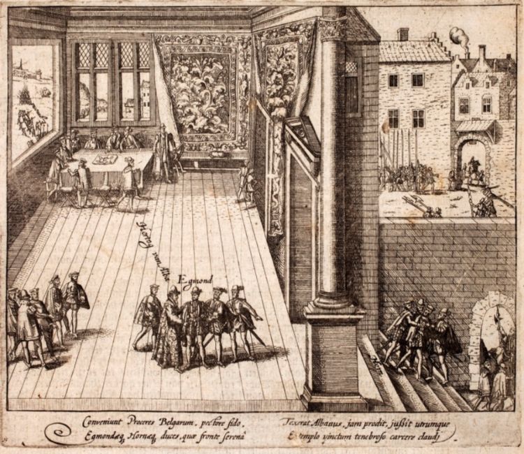 De hertog van Alva arresteert Egmont en Hoorne tijdens een diner, september 1567.[1] Pieter Christiaensz. Bor: Oorspronck, begin ende vervolgh der Nederlantsche oorlogen, 1621.