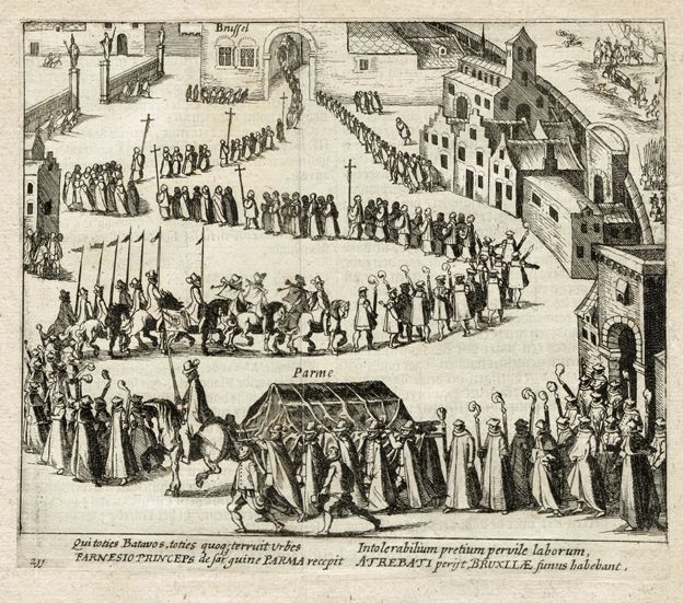 Aankomst van de begrafenisstoet van de Hertog van Parma in Brussel 1592. Prent uit 'de Nassausche Oorloghen' van Willem Baudartius.