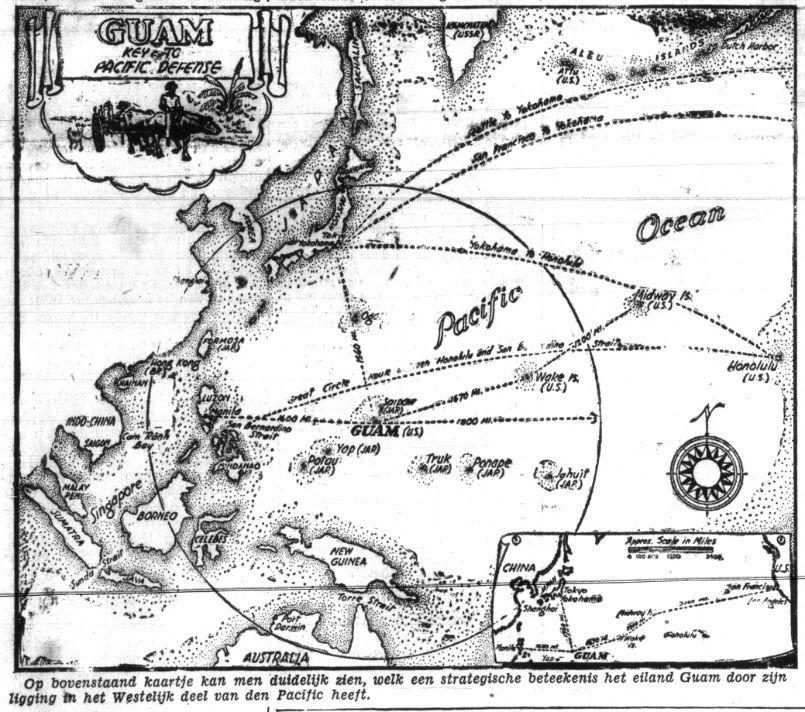 Kaart in de  Indische courant van maart 1941 die de strategische ligging van Guam inzichtelijk moet maken (Delpher)