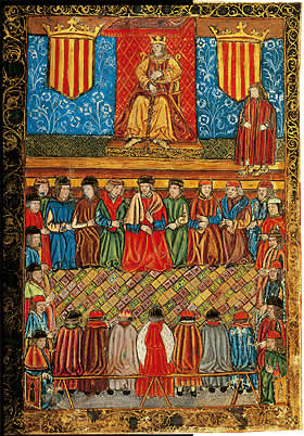De Cortes van Catalonië op een miniatuur uit de 15e eeuw