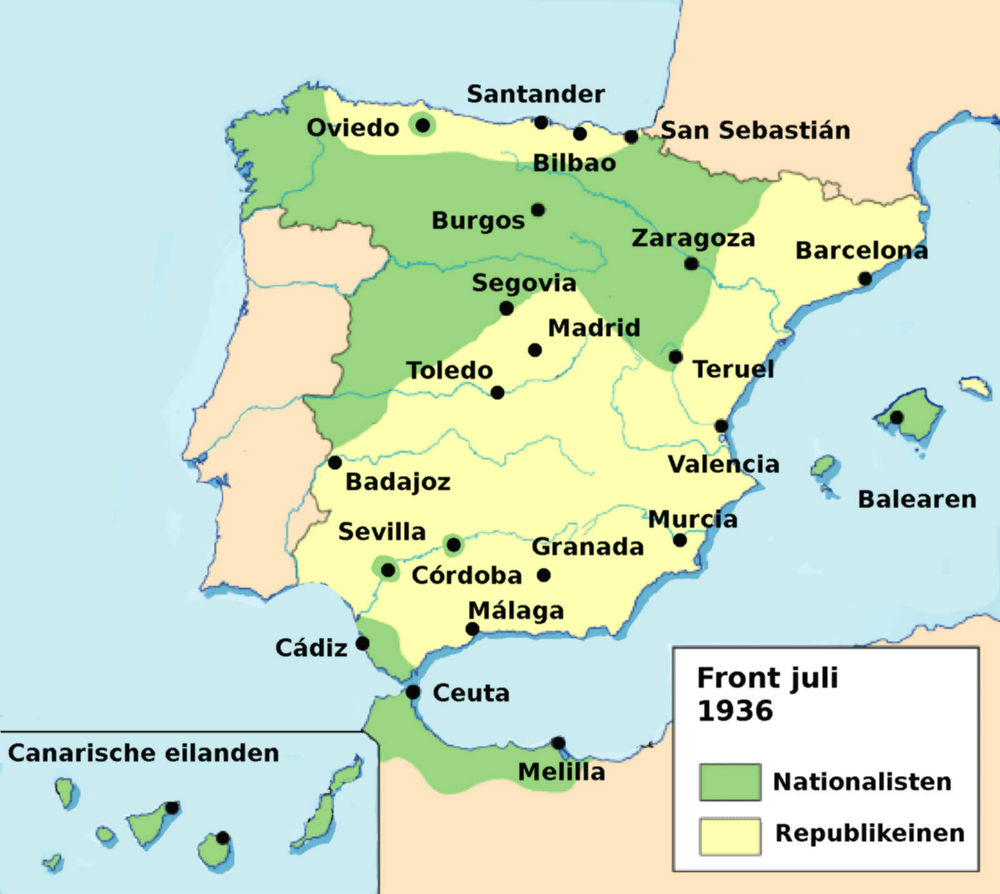 Front van de Spaanse Burgeroorlog, kaart van juli 1936