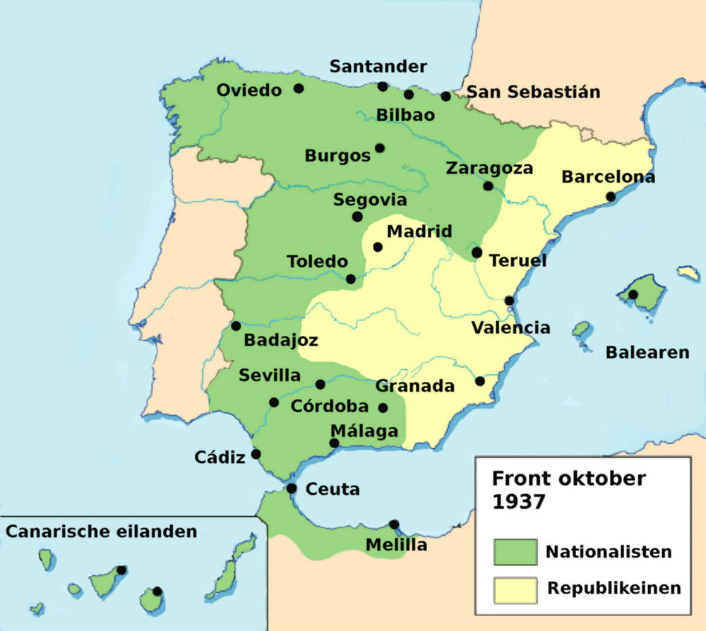 Front van de Spaanse Burgeroorlog, kaart van oktober 1937