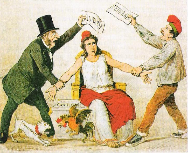 Satirische tekening over de strijd tussen federalisten en unitarissen (La Flaca, 3 maart 1873)