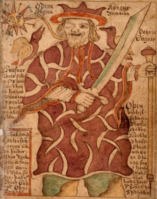 Odin met één oog, en Huginn en Muninn, manuscript uit de achttiende eeuw