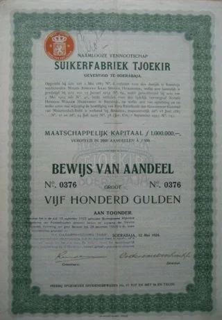 Aandelen van Tjoekir in 1924 zijn nog altijd te koop. (Bron: http://www.oudeaandelen-online.nl/?327,suikerfabriek-tjoekir)