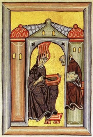 Hildegard van Bingen schrijft haar visioenen neer op wastabletten.