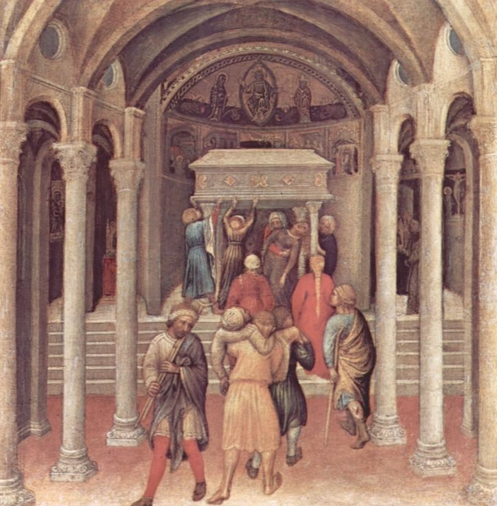 Zieken en pelgrims gaan naar het graf van Sint-Nicolaas (Gentile da Fabriano, 1425)