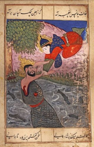 Het bekeringsverhaal van de profeet Jona staat ook in de Koran, al wordt de naam Ninevé niet vermeld. Op deze ismalitische prent uit de 16e eeuw ontmoet hij de aartsengel Gabriël. 