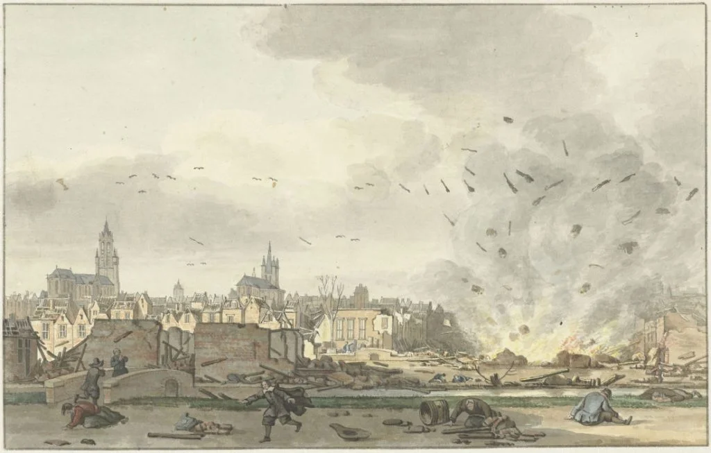 De ontploffing van het Kruithuis in Delft, 12 oktober 1654, Hendrik de Winter, naar Egbert Lievensz. van der Poel, 1758